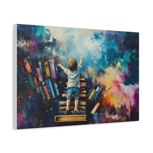 A Curious Child Reaching for the Stars with Books Stretched Canvas Wall Art