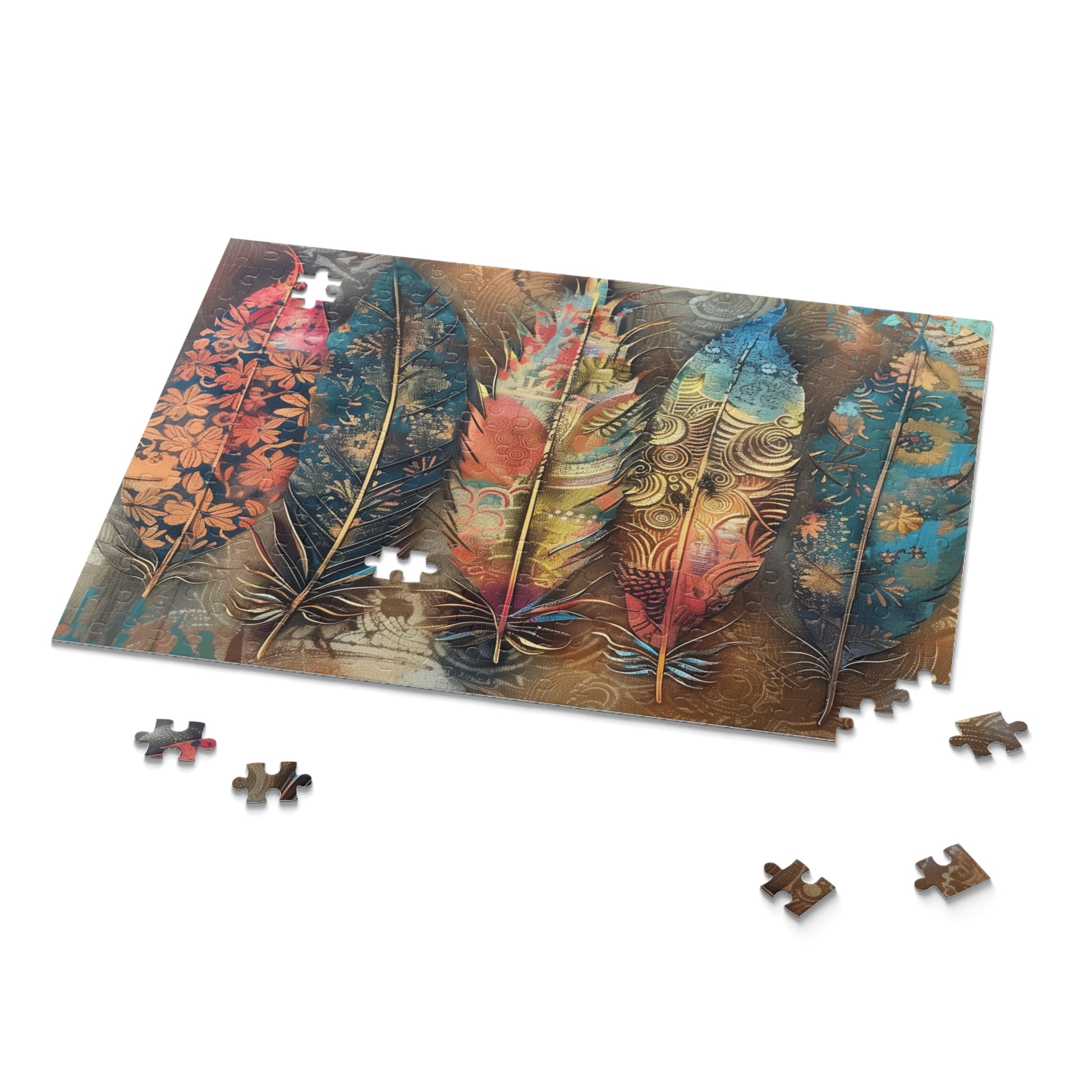 "Bohemian Feathers Jigsaw Puzzle - Colorful and intricate design for a relaxing challenge"