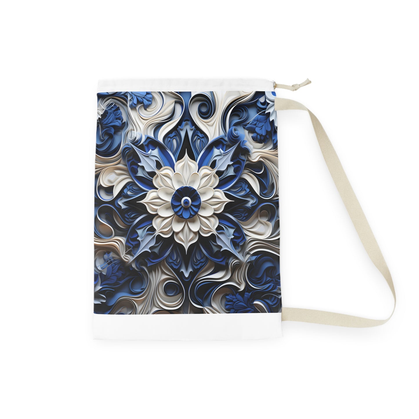 "Stylish blue porcelain texture laundry bag for elegant laundry organization"