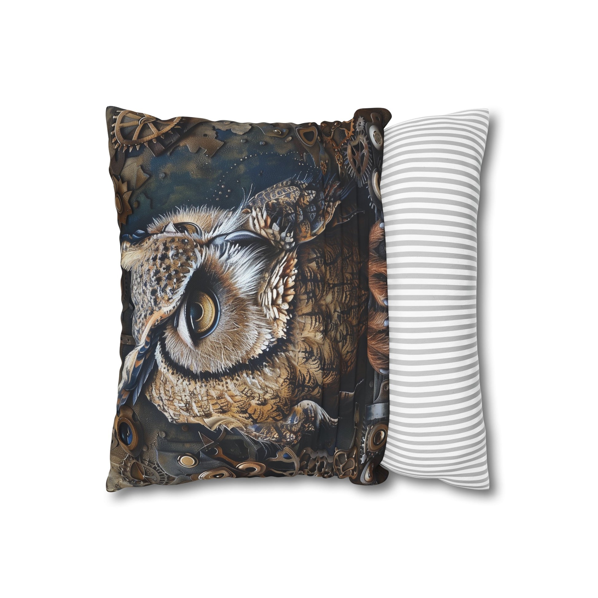 "Clockwork Owl Steampunk Pillowcase - Victorian futurism design with gears and cogs, high-quality material, perfect gift"