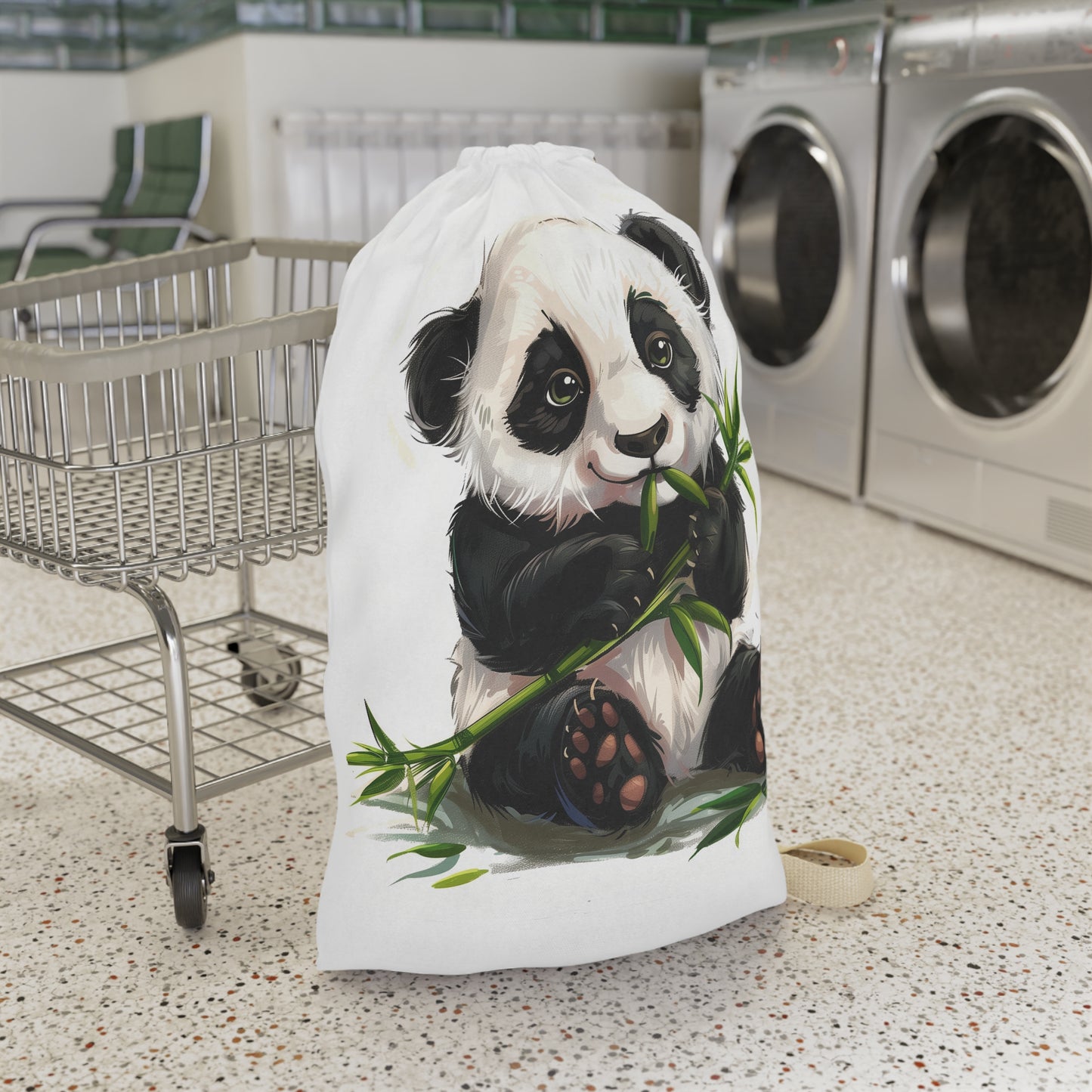 "Adorable panda bamboo laundry bag, perfect for stylishly carrying laundry with a fun touch of panda and bamboo design"