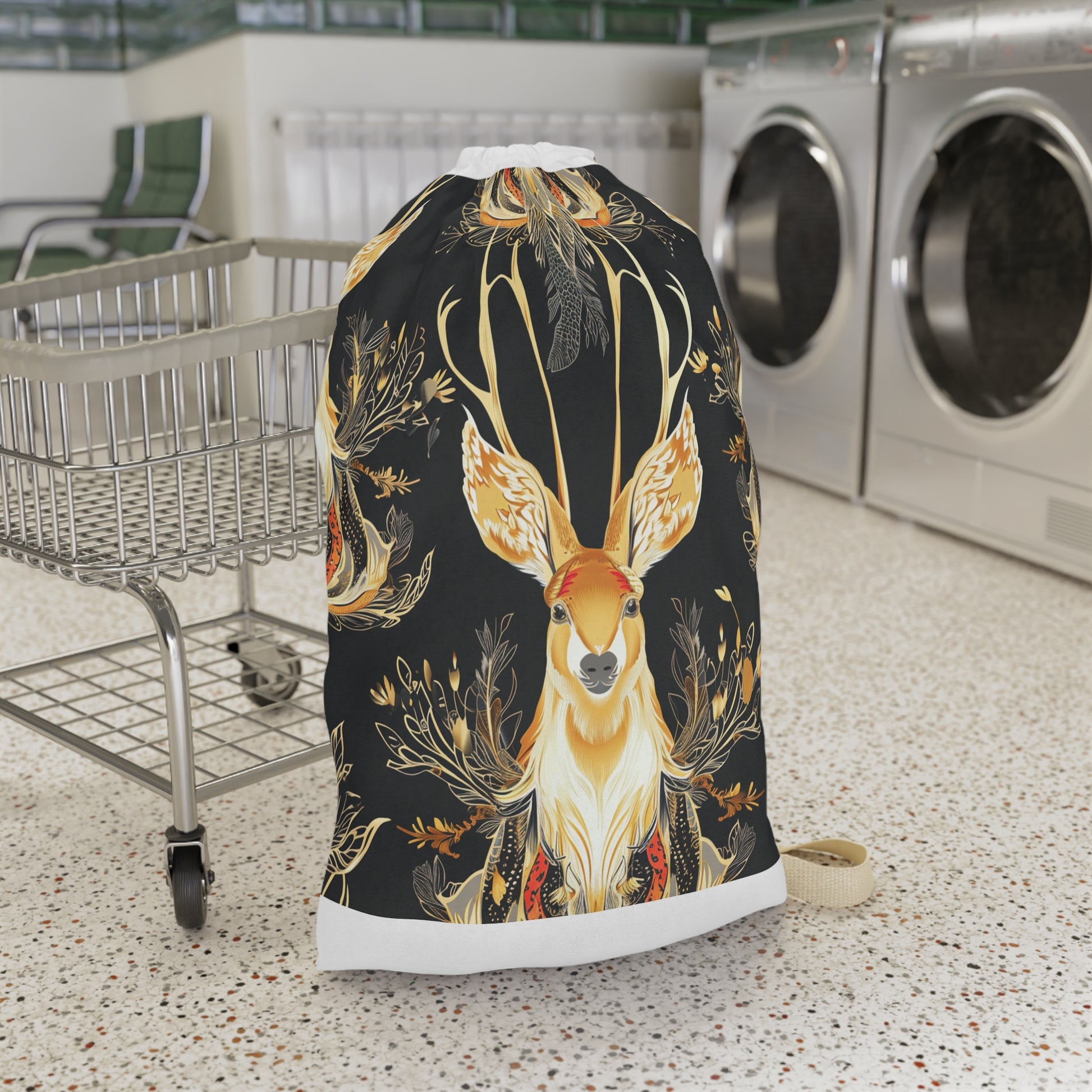 "Jackalope fantasy laundry bag, mythical design for stylish transport of laundry"