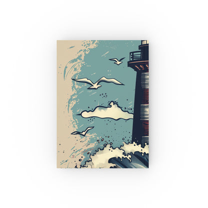 "Guiding Light Lighthouse Waves Journal: Navigate your thoughts with this high-quality and stylish journal, perfect for all seasons! Great gift option. Shop now."