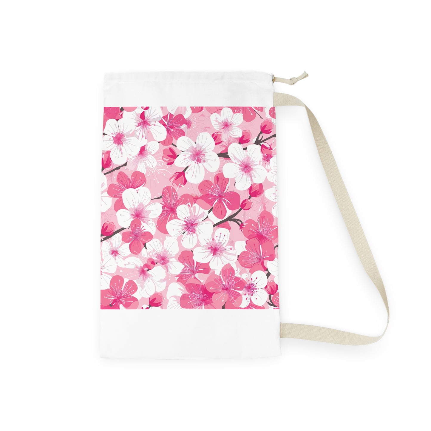 "Cherry Blossom Laundry Bag - Elegant pink and white patterned pillowcase for stylish laundry carrying"