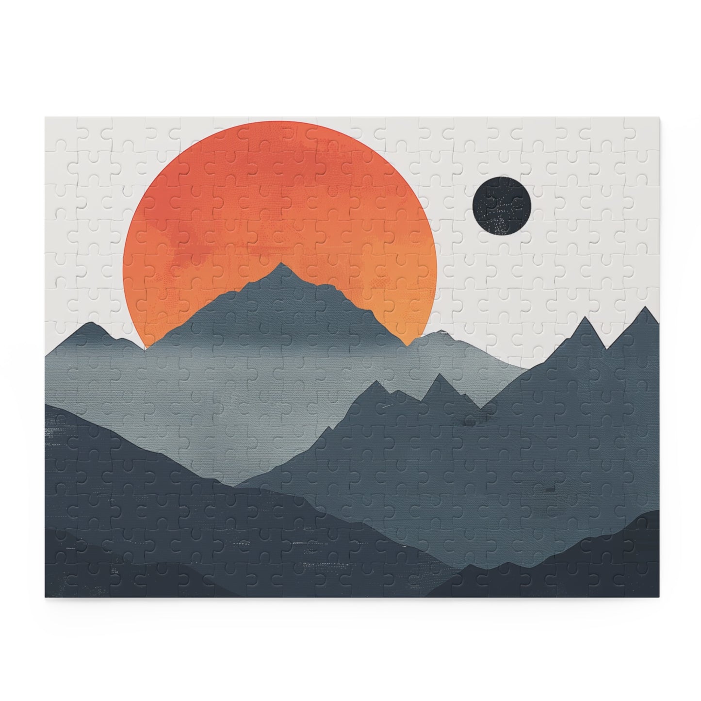 "Sunrise Mountain Range Puzzle, serene minimalist design for relaxation and mindfulness"