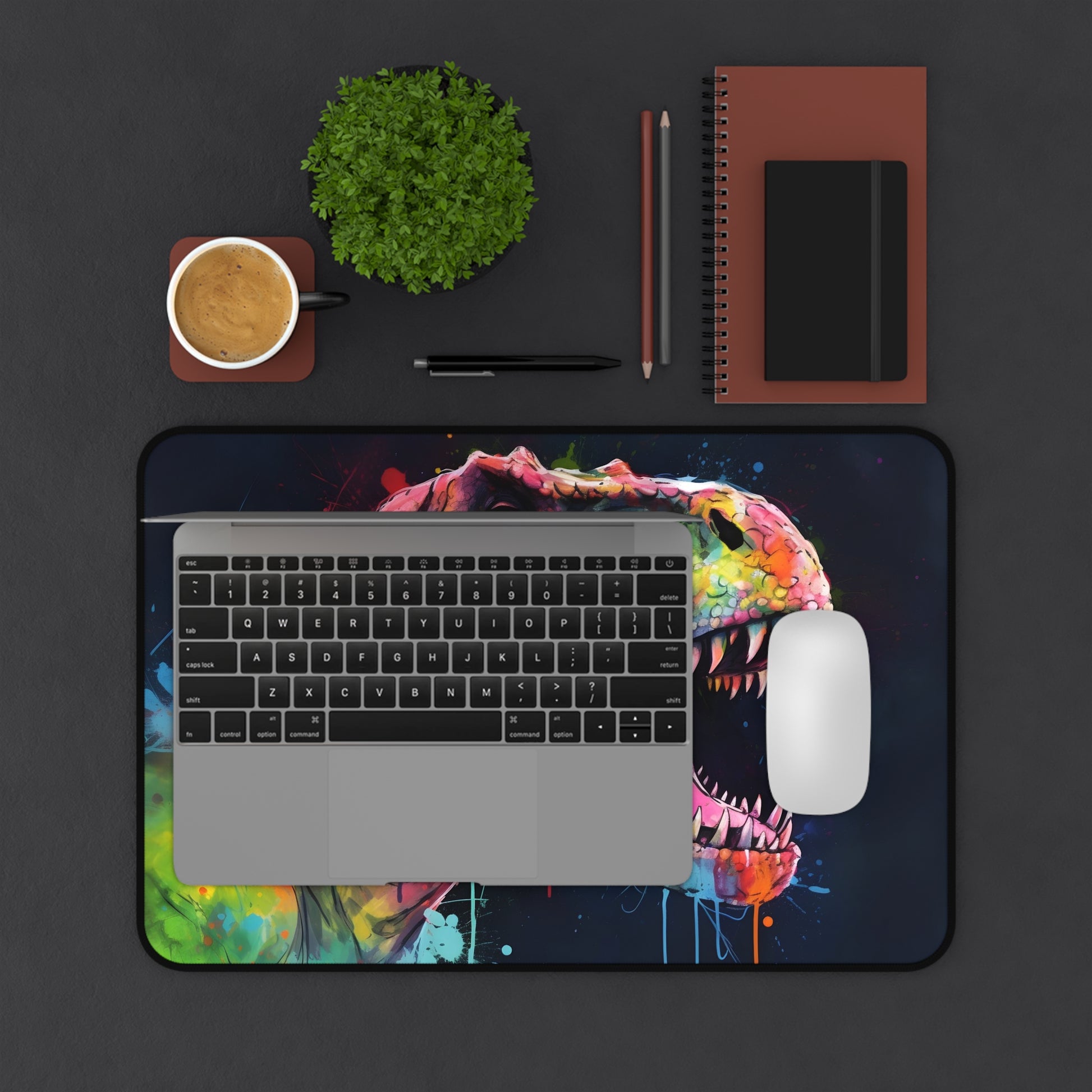 "Colorful Trex Neon Glow Desk Mat - Vibrant watercolor design protects desk from scratches and spills"