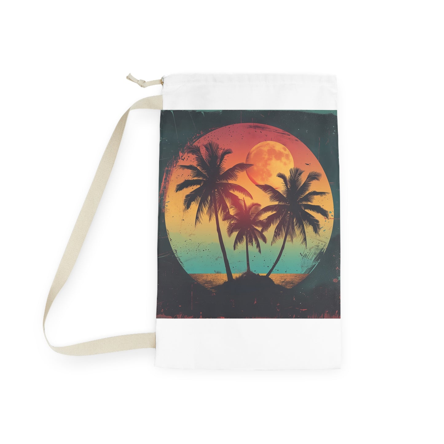 "Retro Sunset Palm Tree Laundry Bag - Organize dirty clothes with vintage tropical vibes"