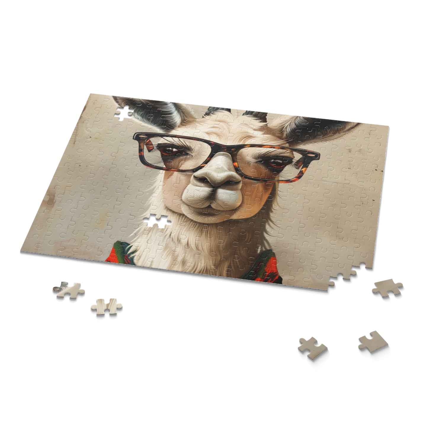 Stylish Llama Hipster Puzzle: Trendy glasses-wearing llama jigsaw for llama lovers and puzzle enthusiasts.