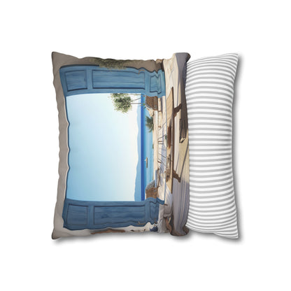 "Rustic Window Vista Pillowcase - Weathered blue window design for a peaceful bedroom retreat"