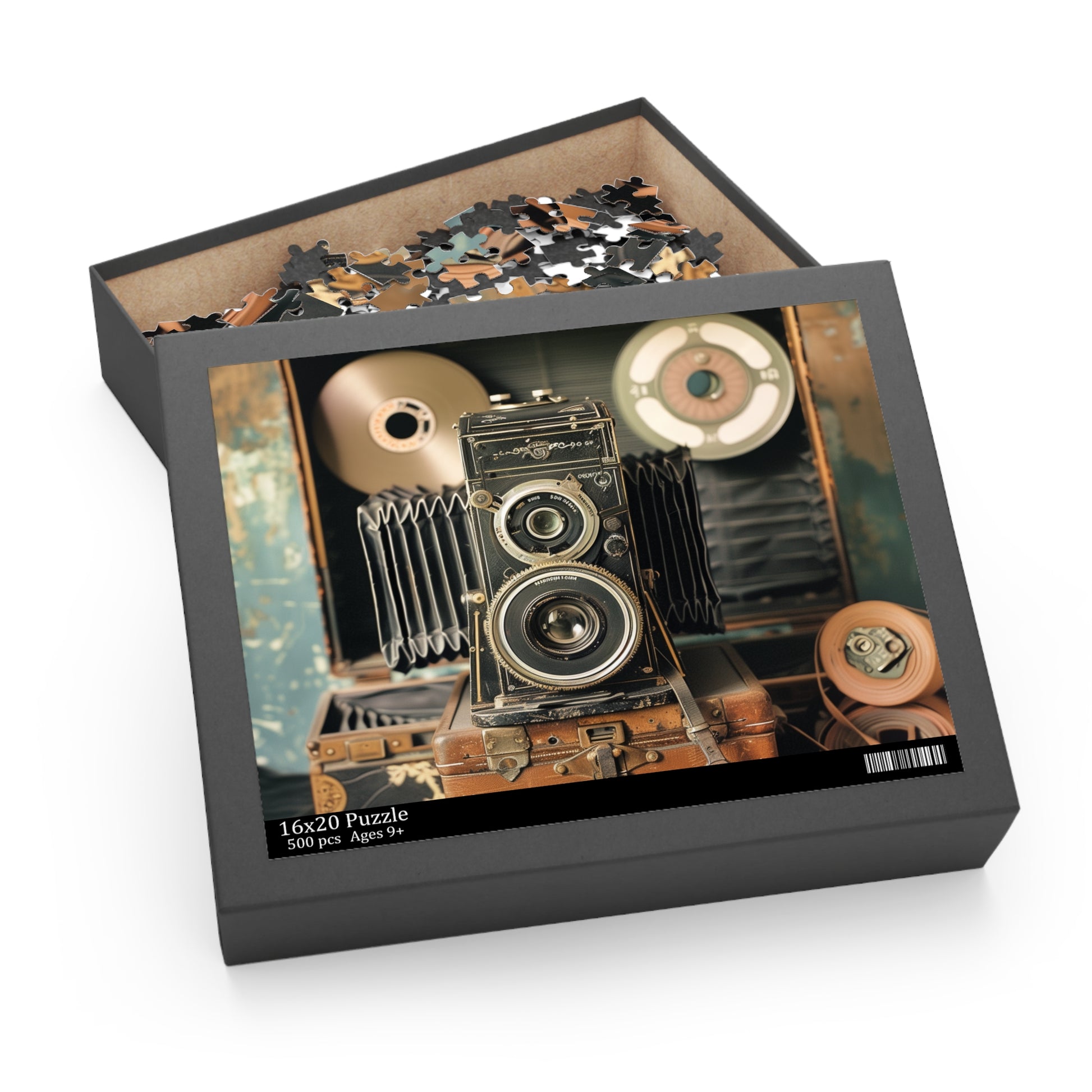 Vintage camera and film reels jigsaw puzzle for creative minds and photography lovers