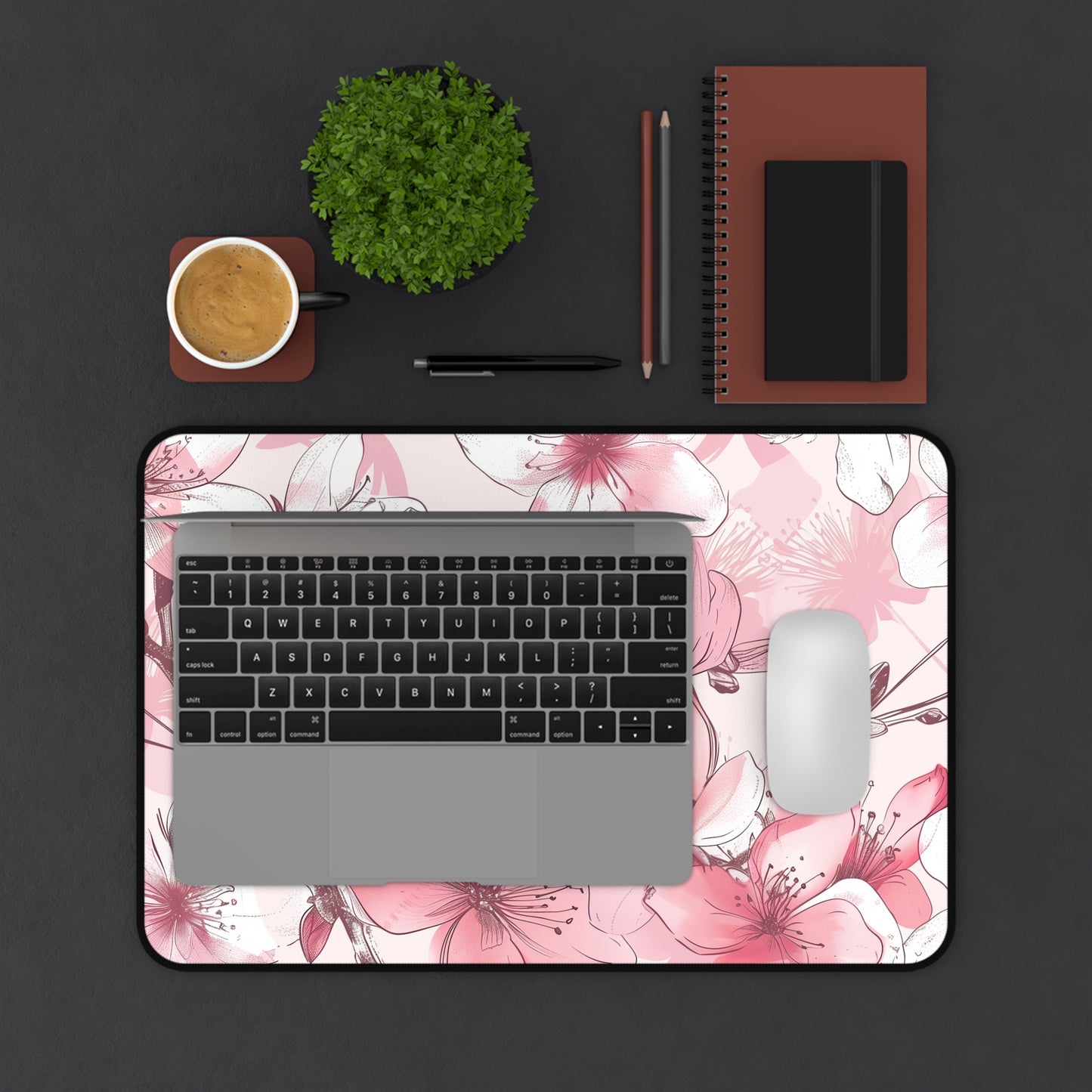 "Cherry Blossom desk mat with elegant pink and white seamless pattern for stylish workspace decor"