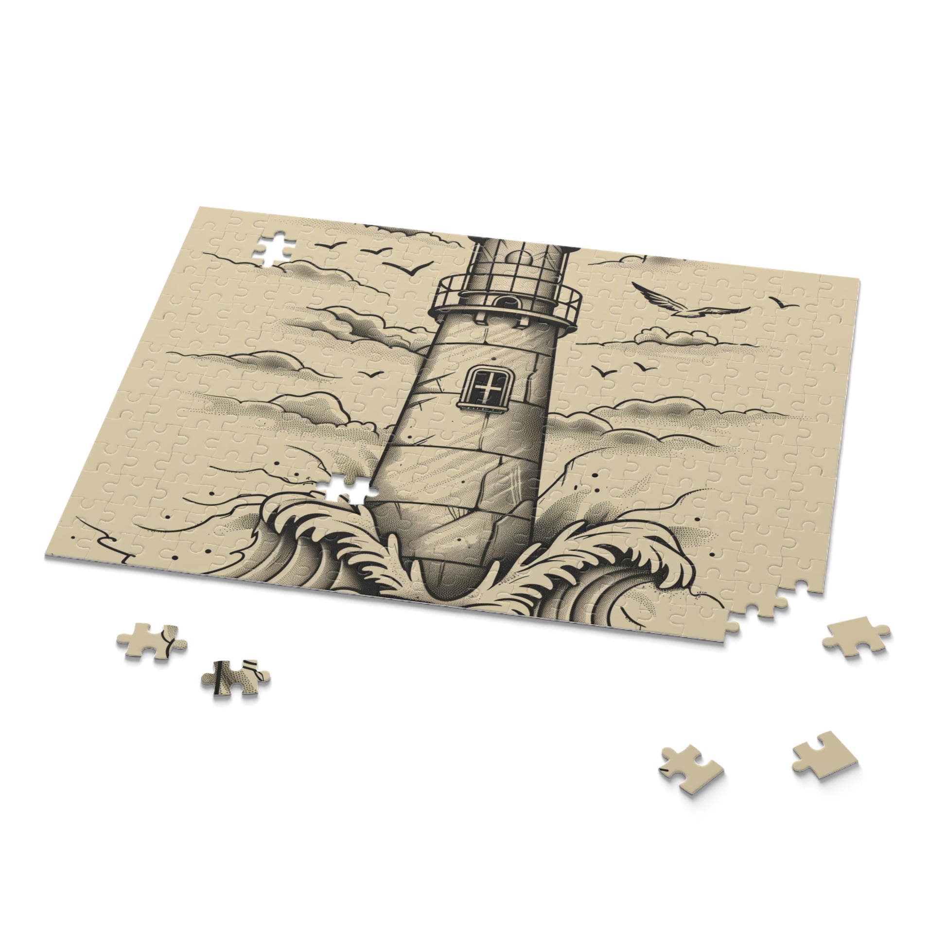 Coastal Lighthouse and Waves Jigsaw Puzzle - Hand-drawn design with crashing waves, perfect for beach lovers and puzzle enthusiasts.