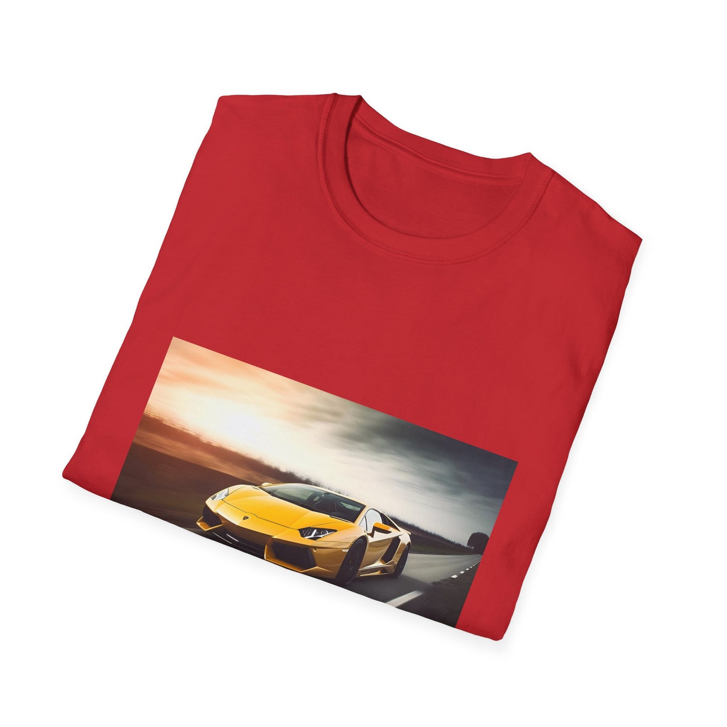 Alt text: "Adrenaline Rush on Four Wheels T-shirt featuring a vibrant Lamborghini mid-race, embodying speed, precision, and power"