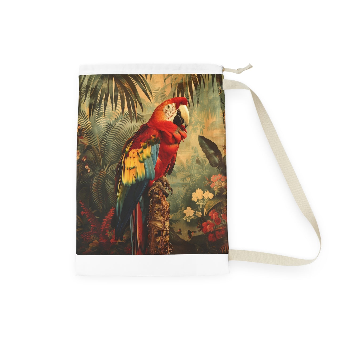 Colorful parrot print laundry bag for easy transport and storage - add tropical vibes to your laundry routine.