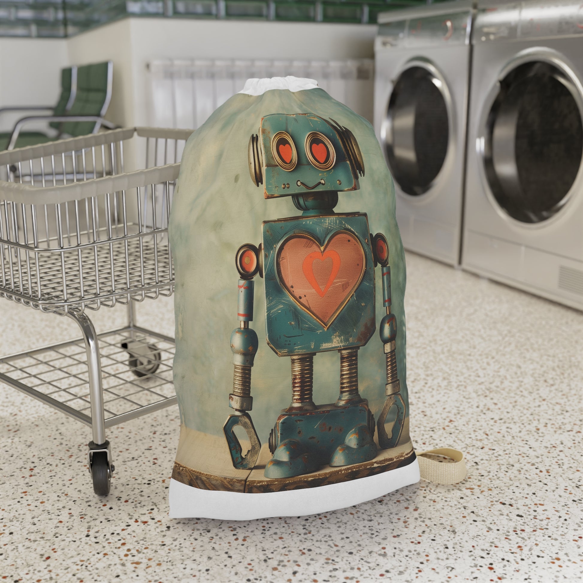 "Retro robot love laundry bag with heart symbol design for stylish laundry organization"