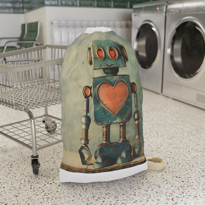 "Retro robot love laundry bag with heart symbol design for stylish laundry organization"