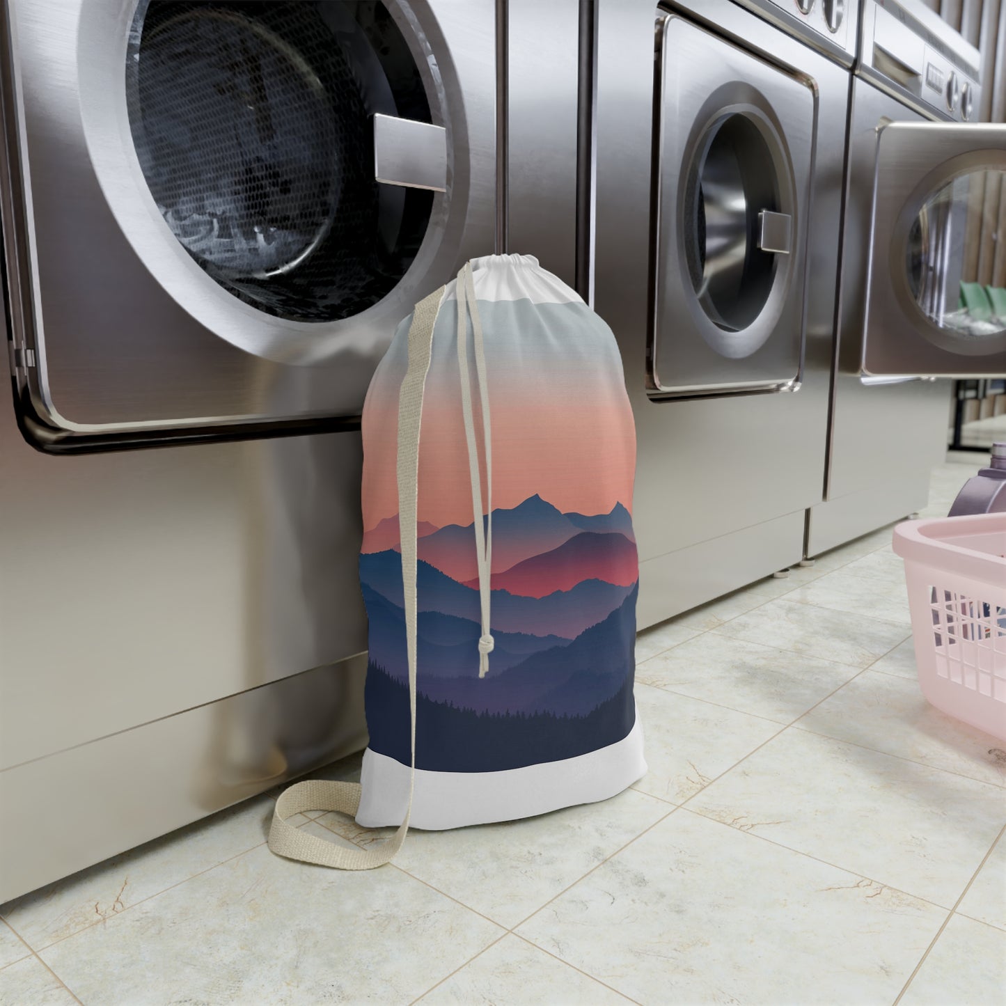 Minimalist mountain landscape laundry bag for organizing dirty clothes in style - Mountainscape Laundry Bag