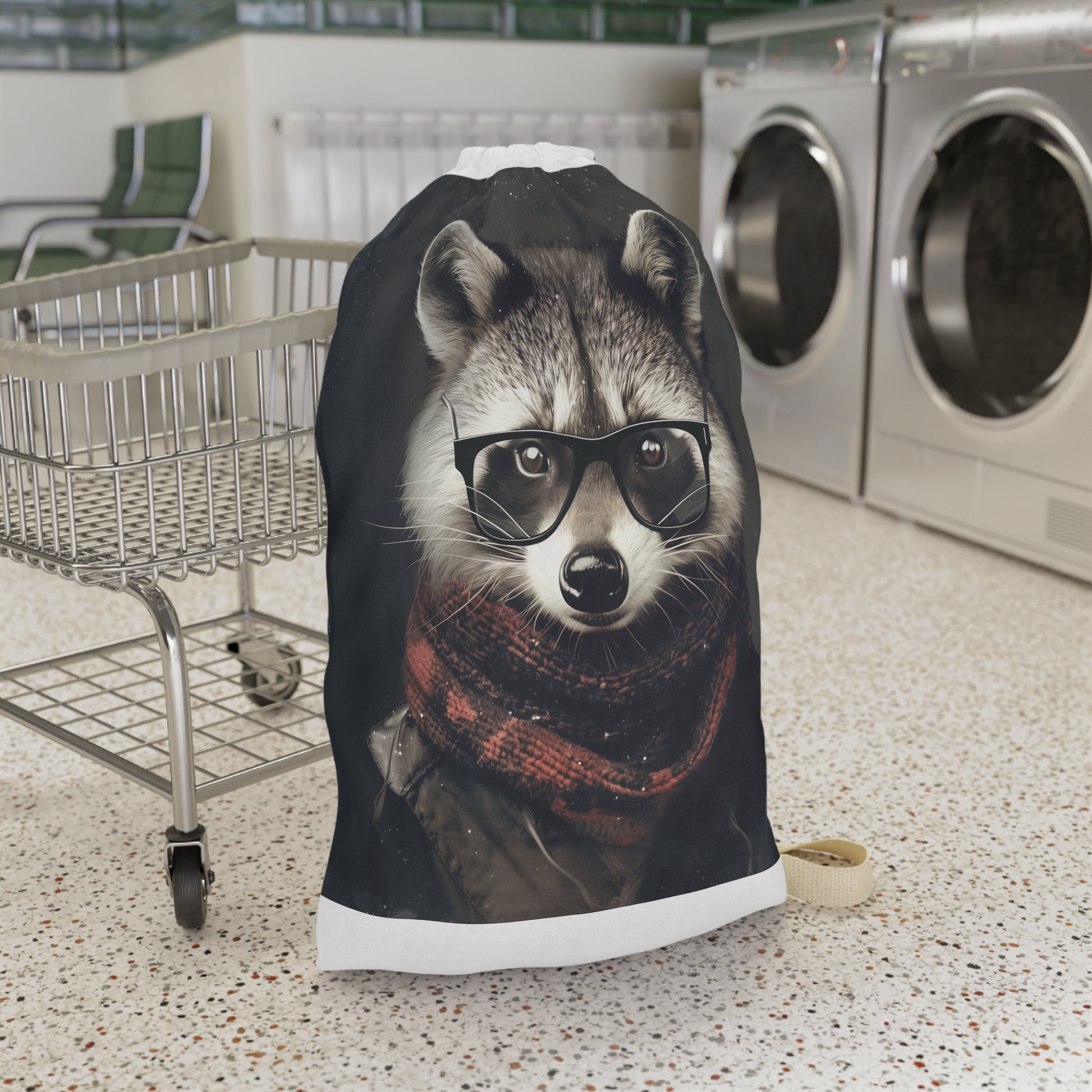 Raccoon Hipster Laundry Bag - Trendy laundry storage with cute raccoon design