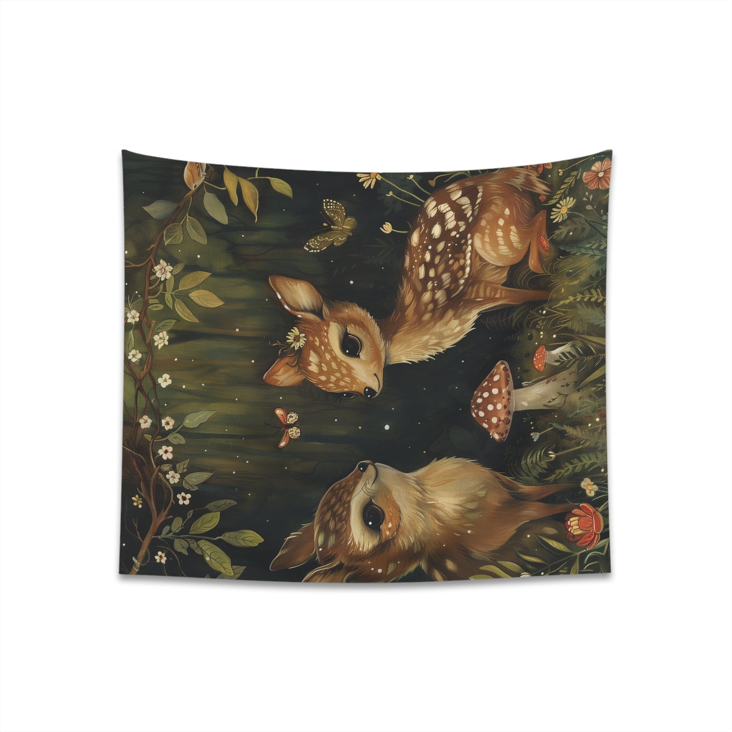 "Whispers of the Woods Tapestry: Charming woodland creatures in a lush forest setting, perfect for all seasons. High-quality and makes a great gift. Available in 34" x 40" and 57" x 57" sizes."