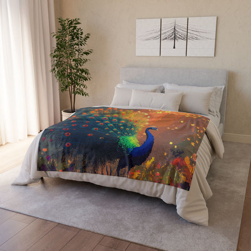 Ghost Peacock in Pixel Forest — Plush Fleece Throw Blanket — Product Detail View 9