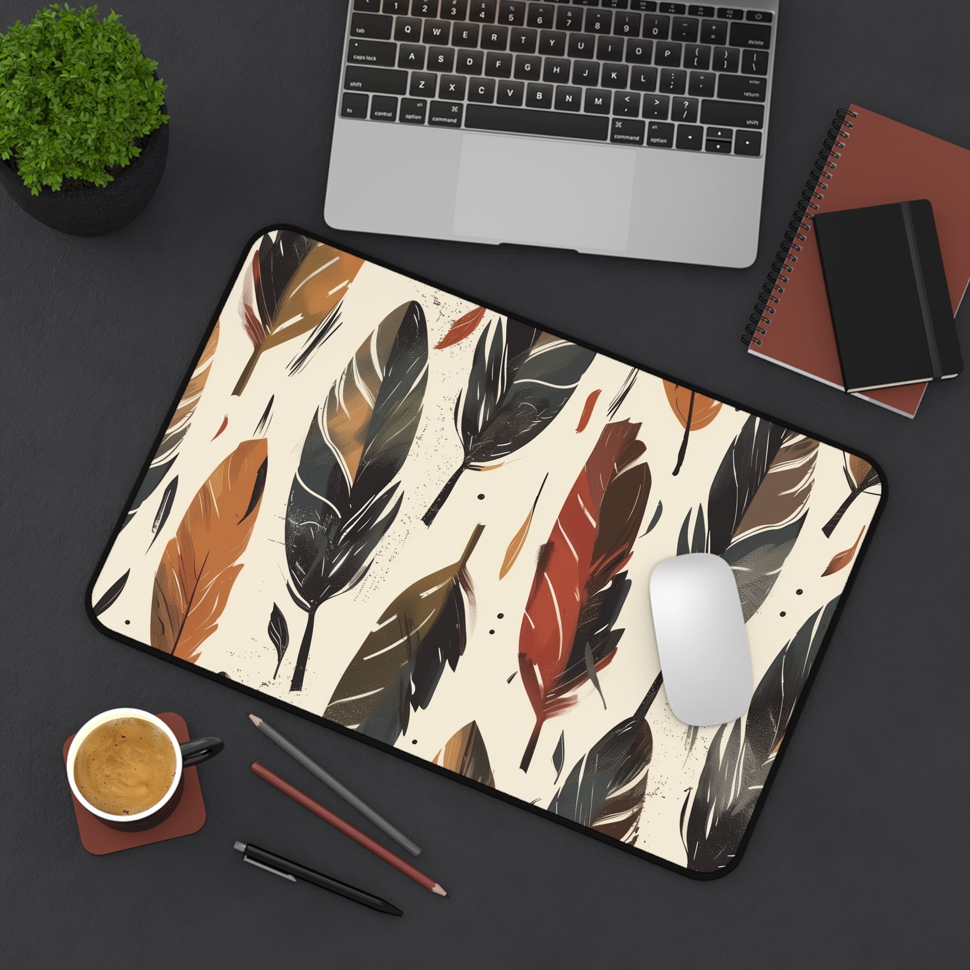 Boho Feather Desk Mat - Earthy Tones Seamless Pattern for Stylish Workspace