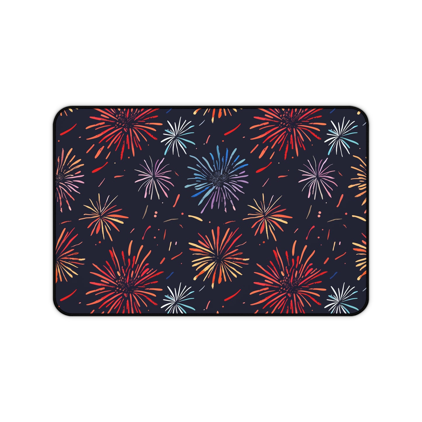 "Colorful Fireworks Fiesta Desk Mat - Vibrant pattern to brighten workspace, protect desk in style!"