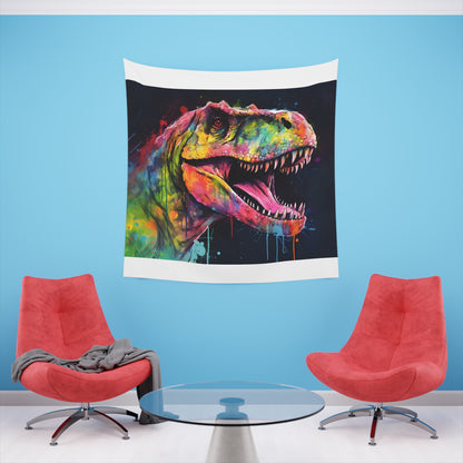 Neon Roar: TRex in Watercolor Tapestry | Wall Tapestry | All Over Print, AOP, Decor, Halloween, Home & Living, Home Decor, Indoor, Spring Essentials, Sublimation, Tapestry | Prints with Passion