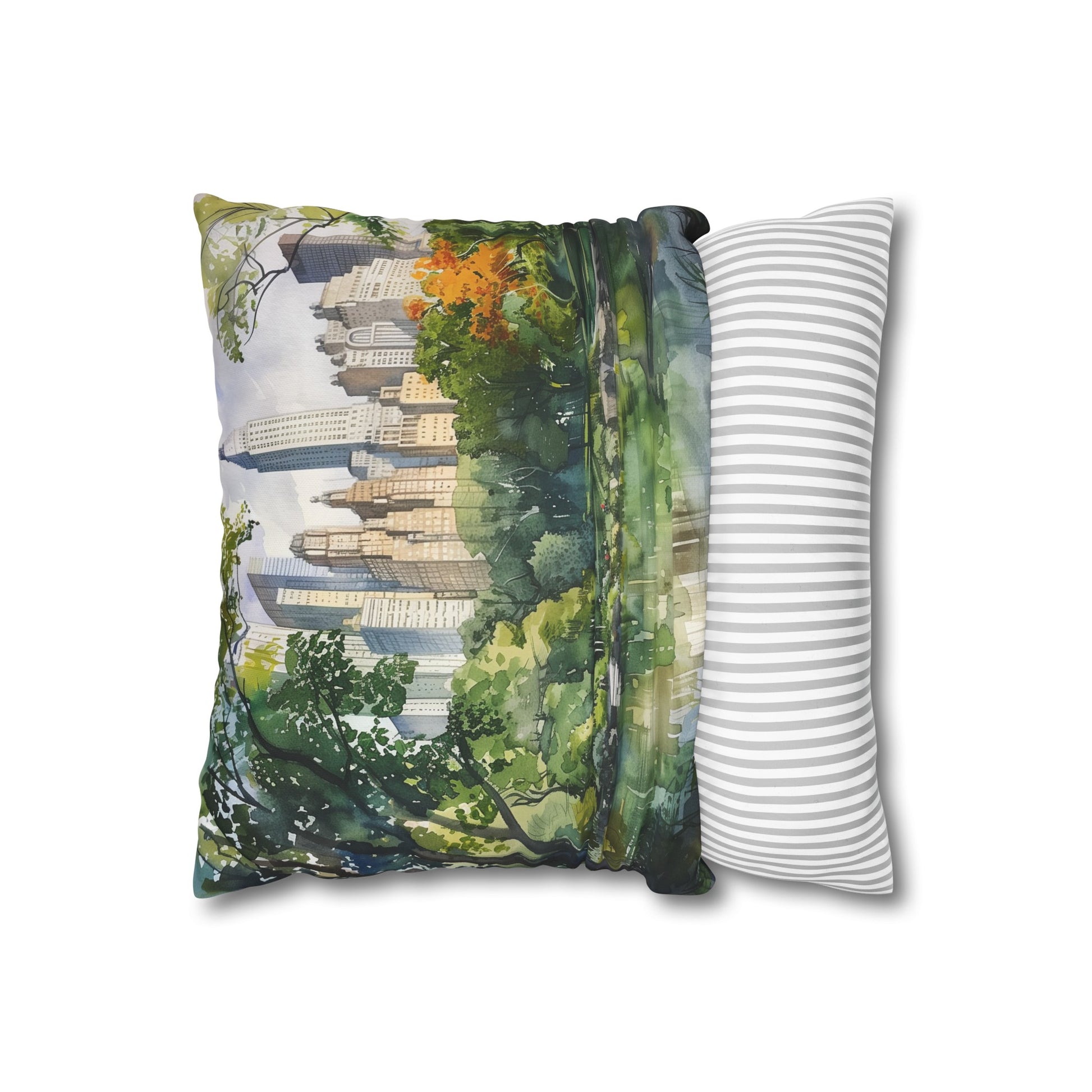 "Urban Oasis Watercolor Pillowcase - High-quality, comfortable, and stylish design depicting Central Park's lush greenery in soft hues. Perfect for all seasons. Makes a great gift. Shop now!"