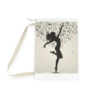 "Dance and Music Laundry Bag - Stylish pillowcase with dancer silhouette and musical notes, perfect for music lovers. Add flair to your laundry room decor."