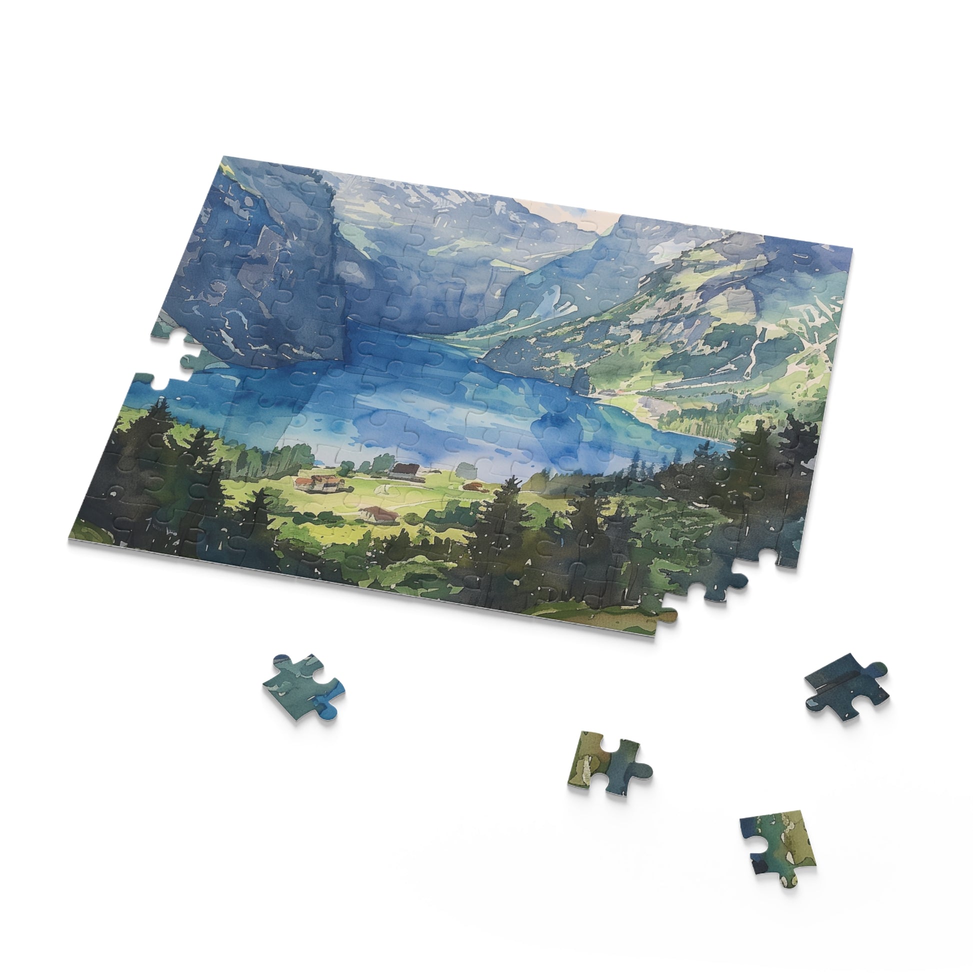 "Swiss Alps Watercolor Jigsaw Puzzle - Piece together stunning mountain landscape at home"