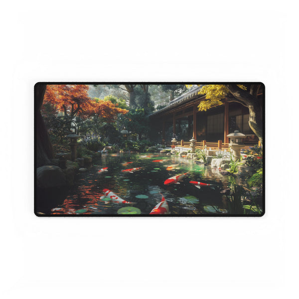 Holographic Koi Pond in a Zen Temple — XL & XXL Desk Mat — Gaming & Workspace Desk Setup View