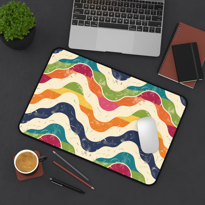 "Retro Waves Desk Mat - Vibrant seamless waves pattern in bold colors for stylish workspace decor"