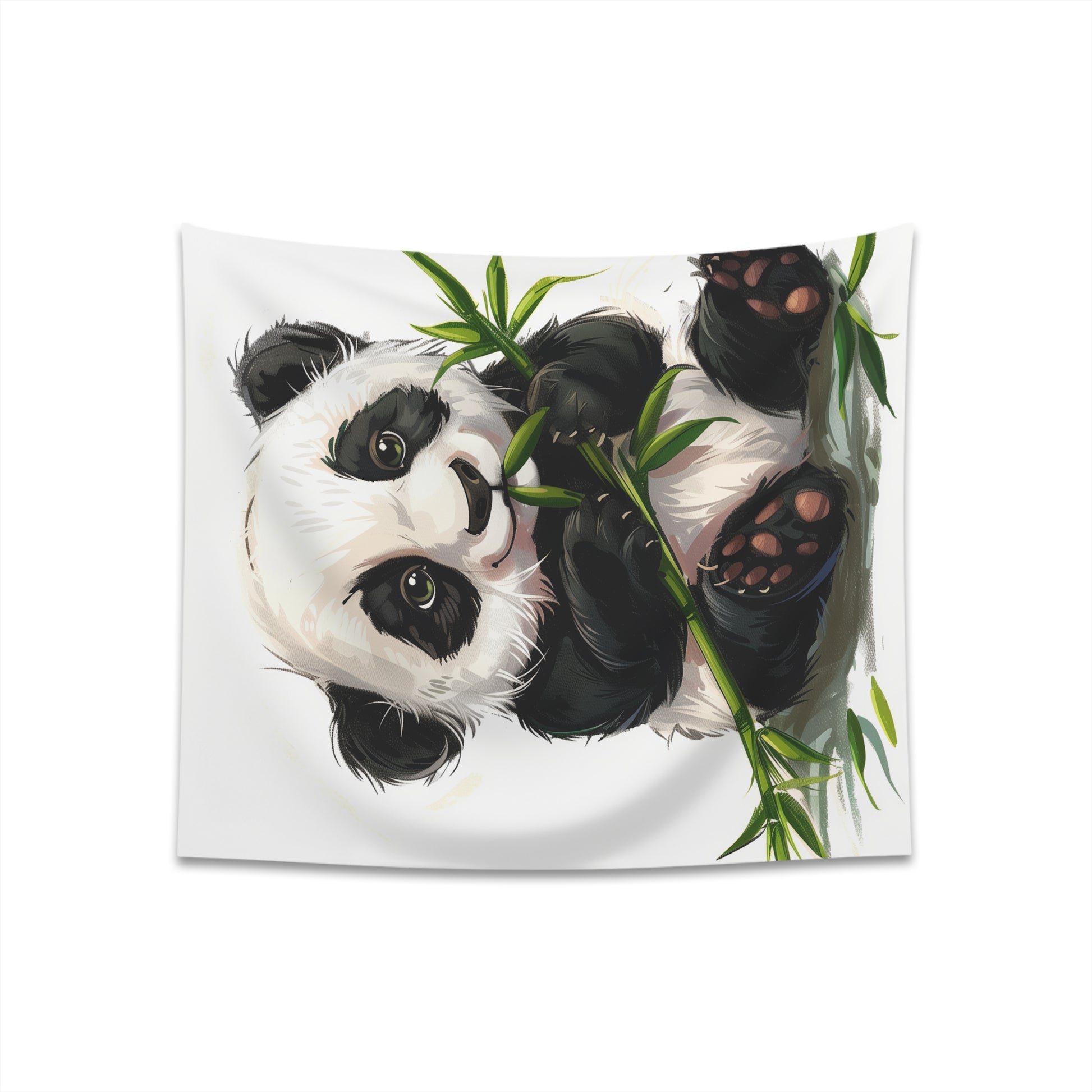 "Panda Paradise Bamboo Tapestry: Adorable panda enjoying bamboo. High-quality, stylish, perfect for all seasons. Makes a great gift. Available in 34" × 40" and 57" × 57" sizes."