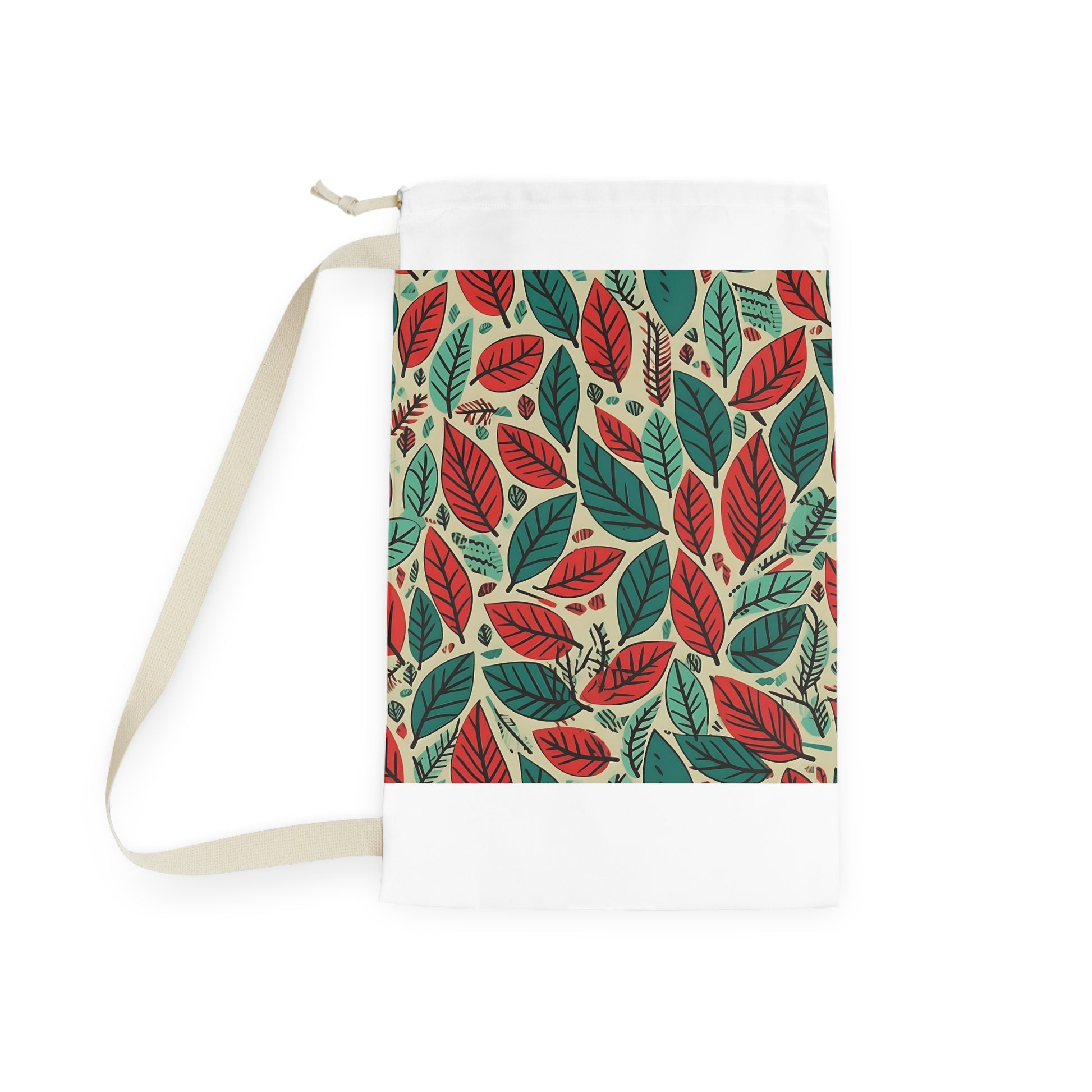 Leaf pattern laundry bag with modern green and red design, soft and durable fabric - Ferret.