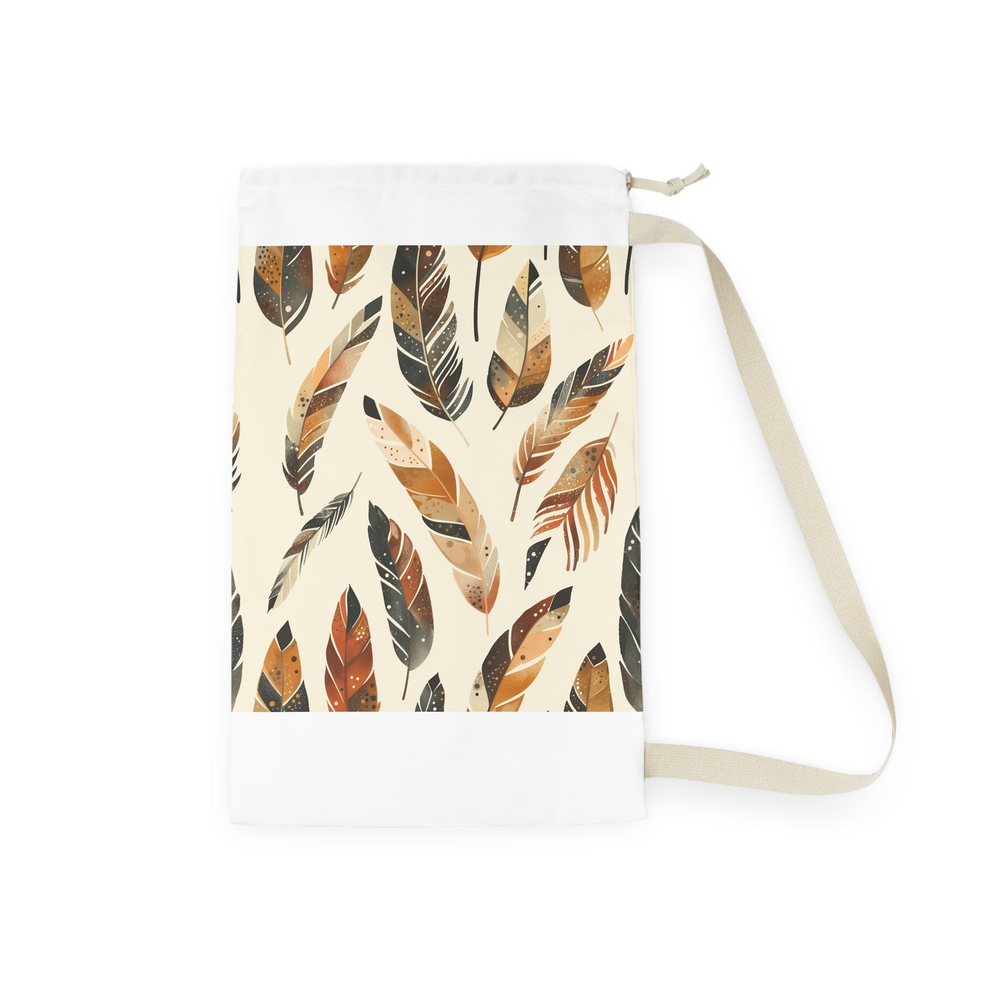 "Boho Feathers Laundry Bag - Stylish laundry transport with seamless feather pattern design"