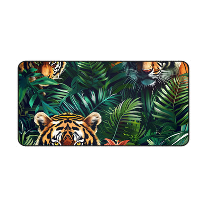 "Transform workspace with Tiger Jungle Desk Mat, safari-themed design with majestic tigers and lush green foliage"