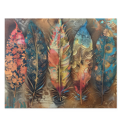 Colorful Bohemian feathers jigsaw puzzle with intricate designs and vibrant hues for a relaxing challenge.