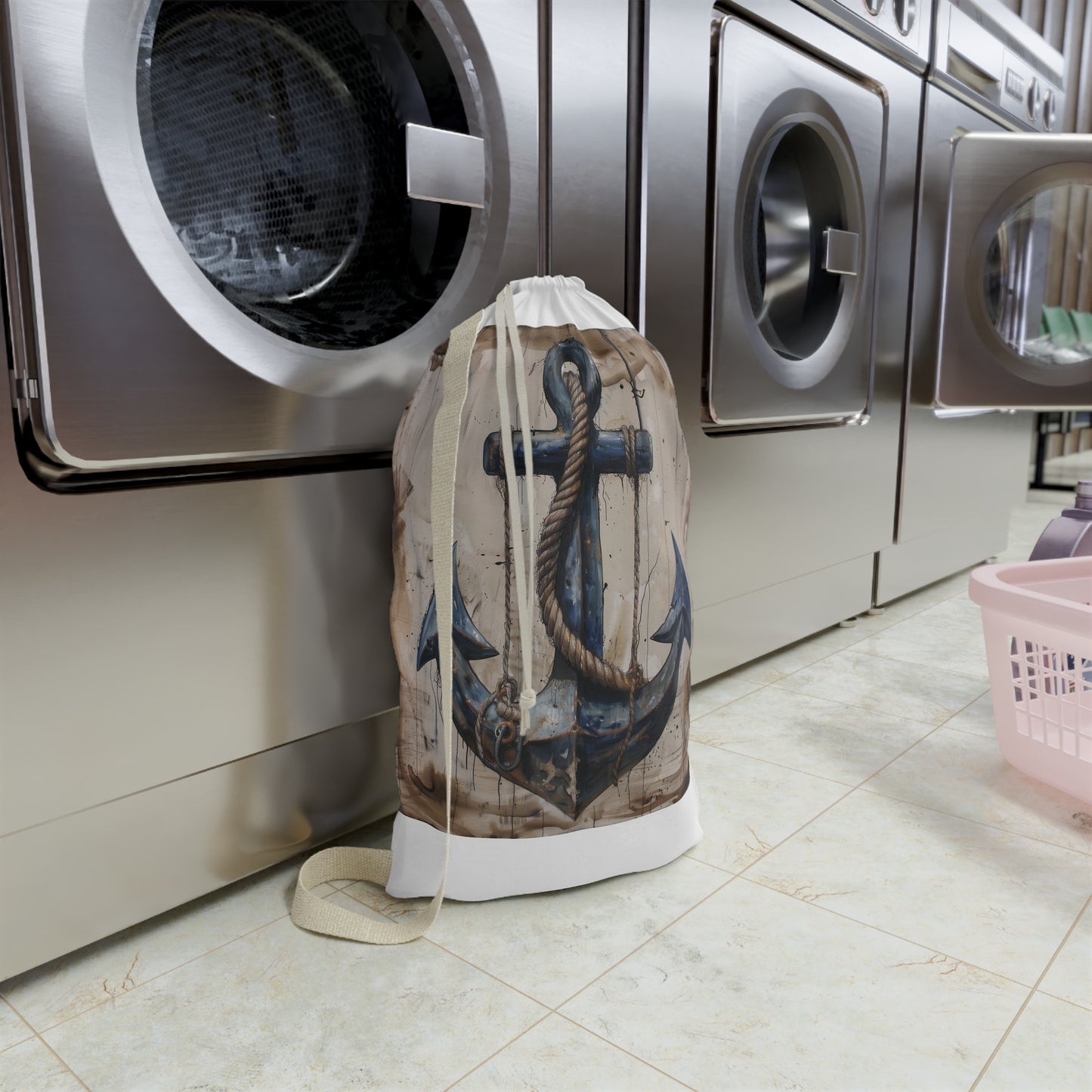 "Sturdy nautical anchor and rope laundry bag for easy transport and coastal charm"