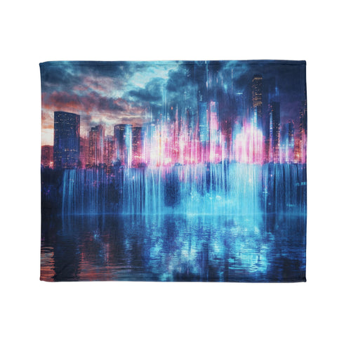 Digital Waterfall Cascading Across Skyline — Plush Fleece Throw Blanket — Draped Over Sofa & Bed Lifestyle View