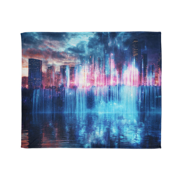 Digital Waterfall Cascading Across Skyline — Plush Fleece Throw Blanket — Draped Over Sofa & Bed Lifestyle View