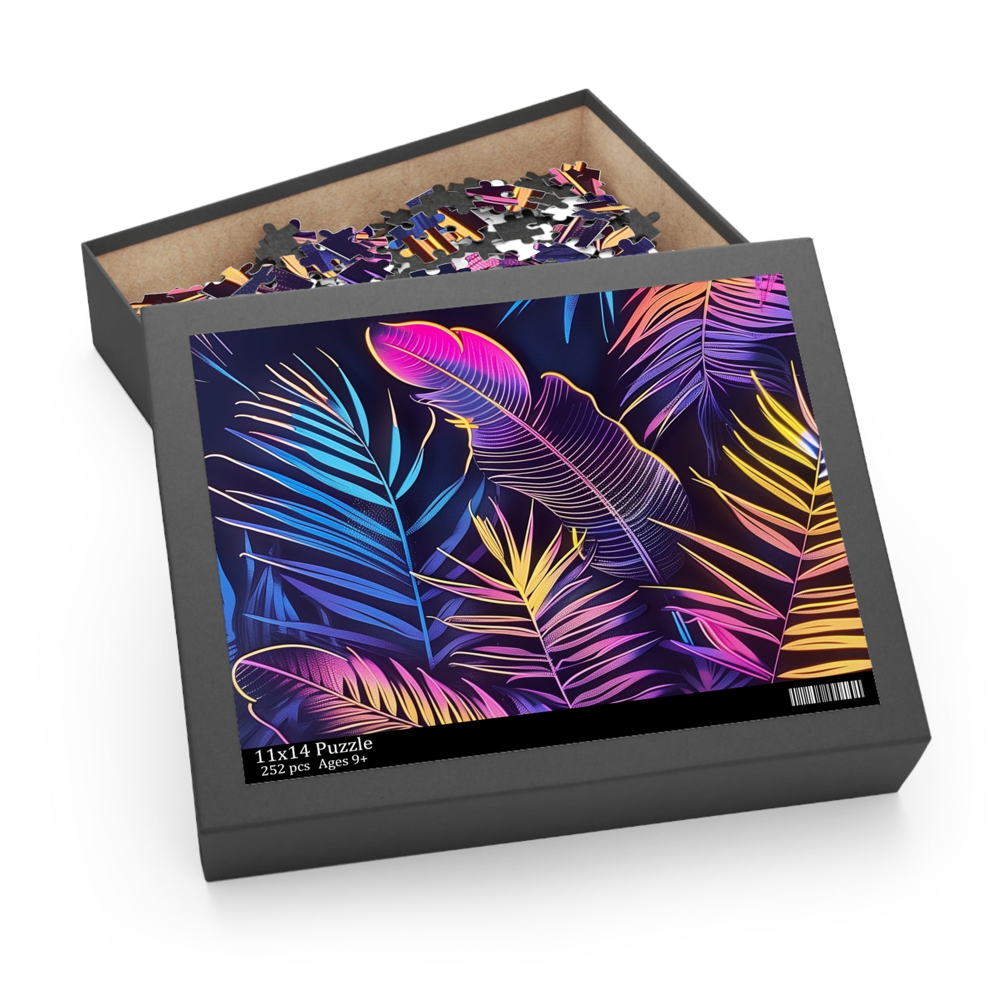 Neon Tropical Paradise Jigsaw Puzzle - Vibrant jungle oasis with neon tropical leaves and palm trees for a relaxing escape.