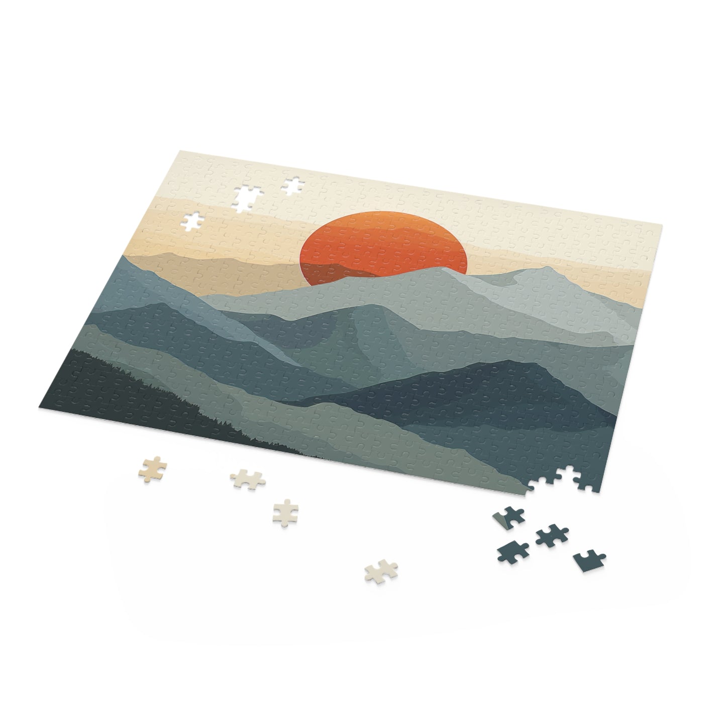 Sunrise Mountain Range Jigsaw Puzzle - Experience tranquility with minimalist mountain silhouette against vibrant sun backdrop