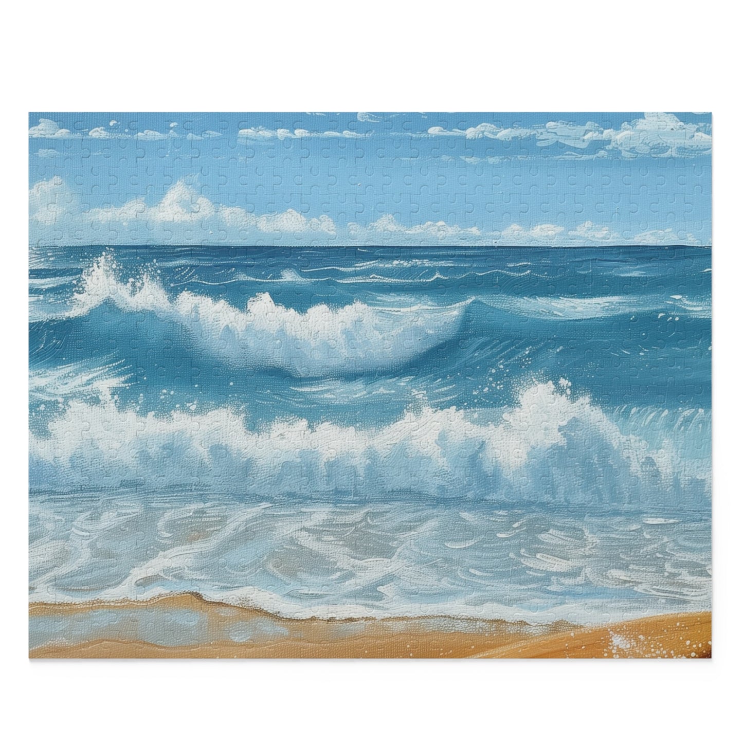 "Surf's Up Jigsaw Puzzle with Serene Wave and Vibrant Surfboard Illustration for Relaxing Beach Escape"