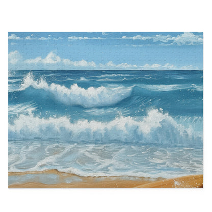 "Surf's Up Jigsaw Puzzle with Serene Wave and Vibrant Surfboard Illustration for Relaxing Beach Escape"