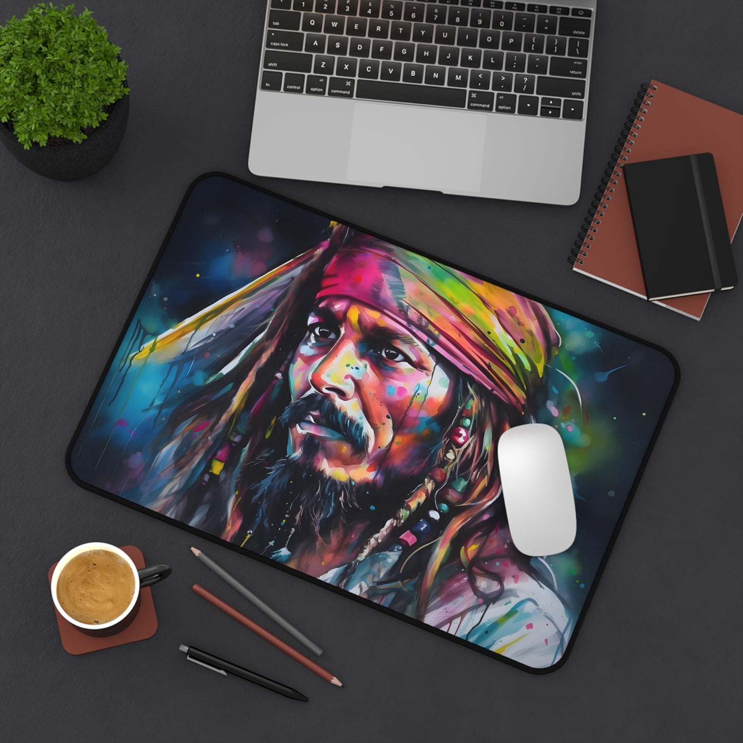 "Jack Sparrow Neon Desk Mat - Vibrant watercolor design for pirate enthusiasts"