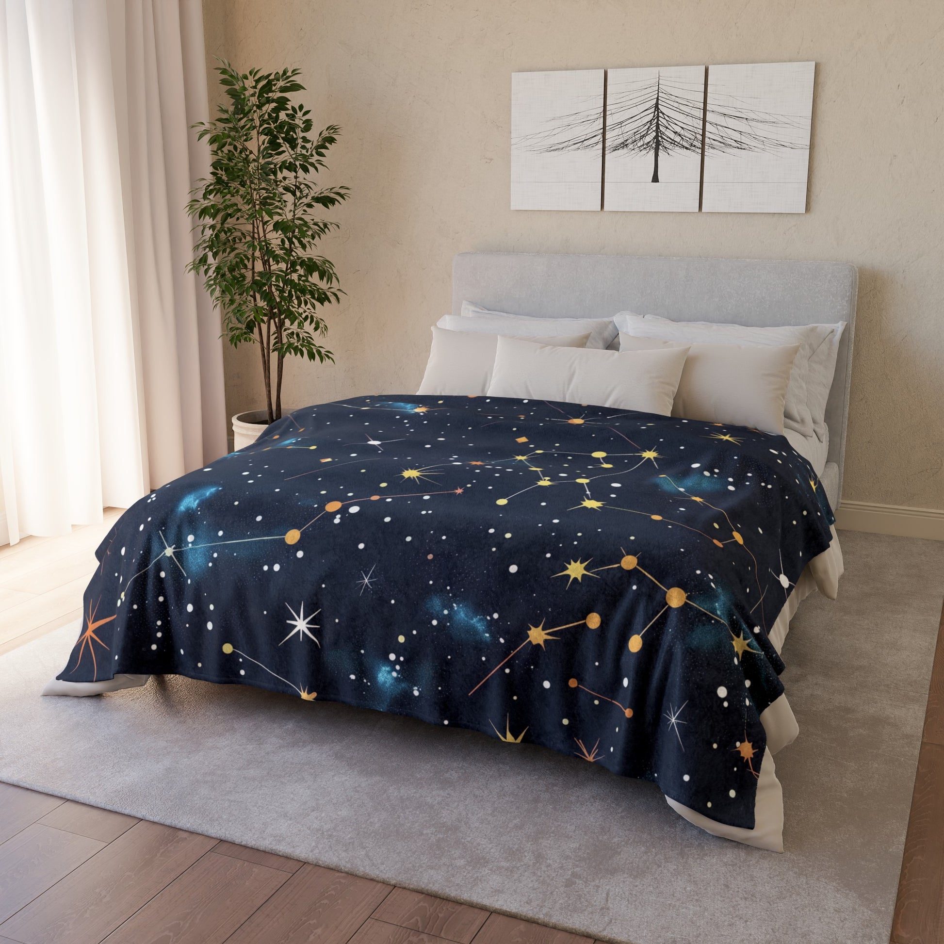 Starry Night Sky Blanket alt text: Cozy blanket featuring starry night sky design