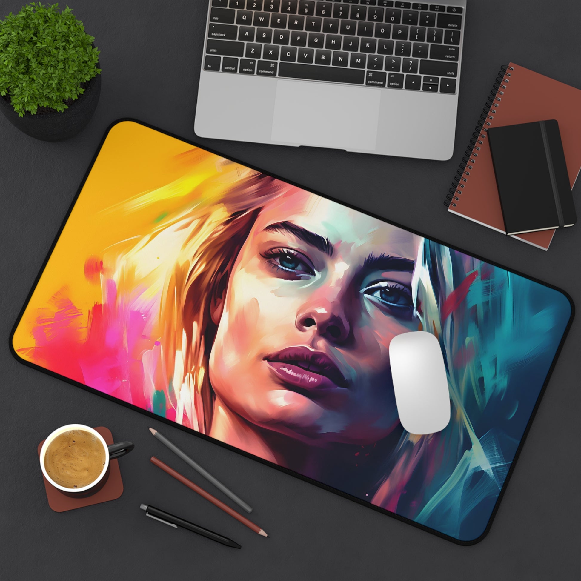 "Neon watercolor Margot desk mat - colorful and durable workspace accessory"