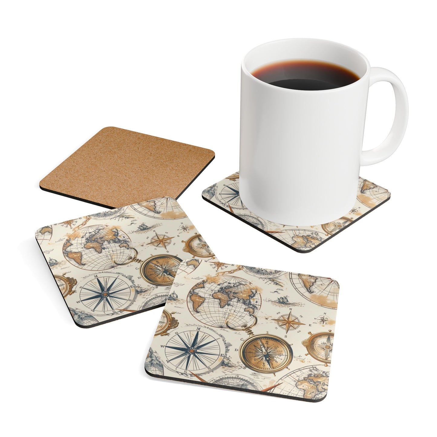 Wanderlust Corkwood Coaster Set: Vintage Maps Collection