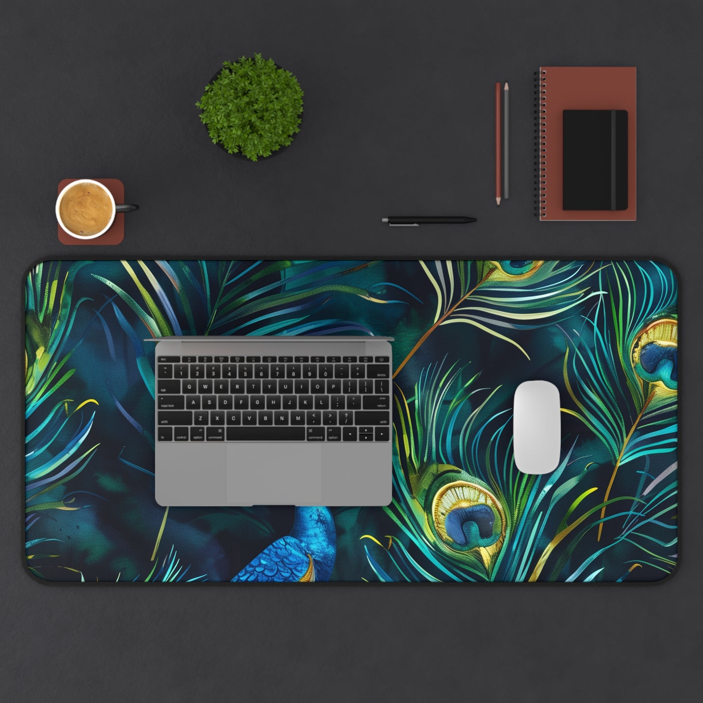 "Vibrant blue peacock feather desk mat, elegant seamless pattern for stylish workspace"