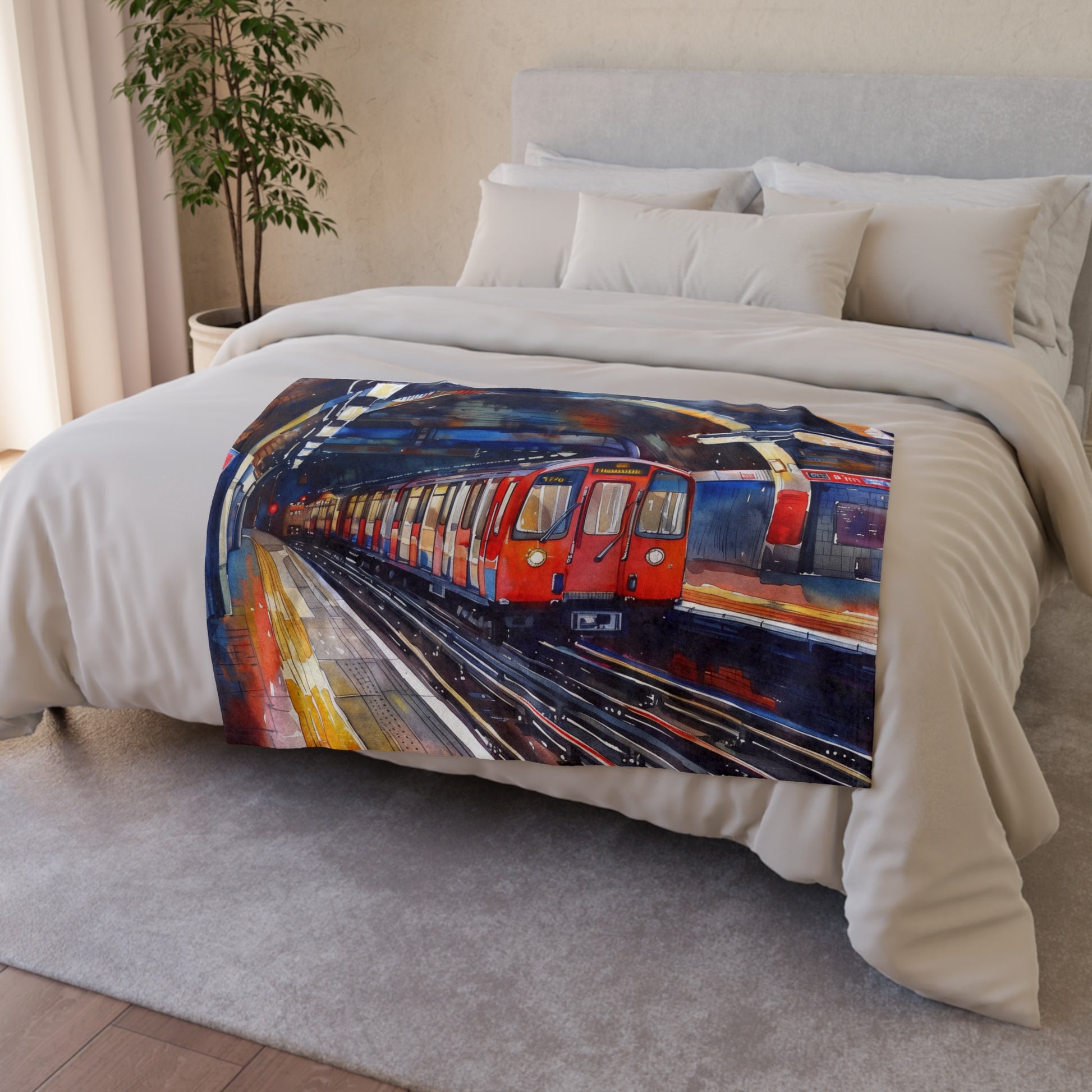 this blanket is a must-have for any London enthusiast.

Transport yourself to the heart of London with our Tube Time Traveler Blanket: A London Watercolor. Featuring a mesmerizing watercolor depiction of the beloved London Eye